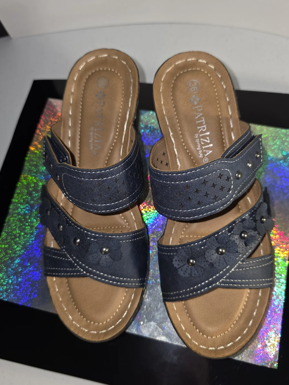 Patrizia Costmary Navy Floral Leather Wedge Sandal Stud Detail Sz 36 (5-6 US)